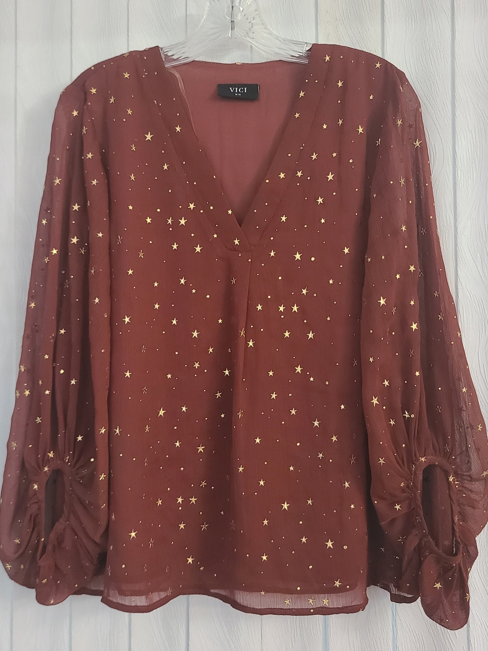 VICI XS Brown Gold Star Print V-Neck Balloon Sheer Sleeve Boho Office Blouse